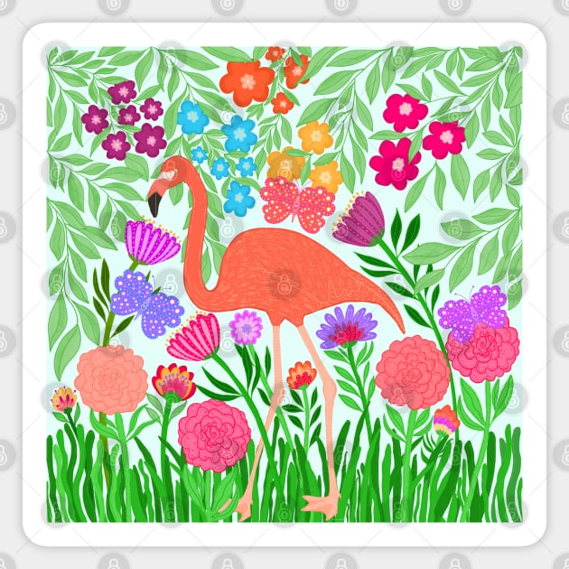 Enchanting Flamingo Butterfly and Flower Design Sticker by Rosemarie Guieb Designs